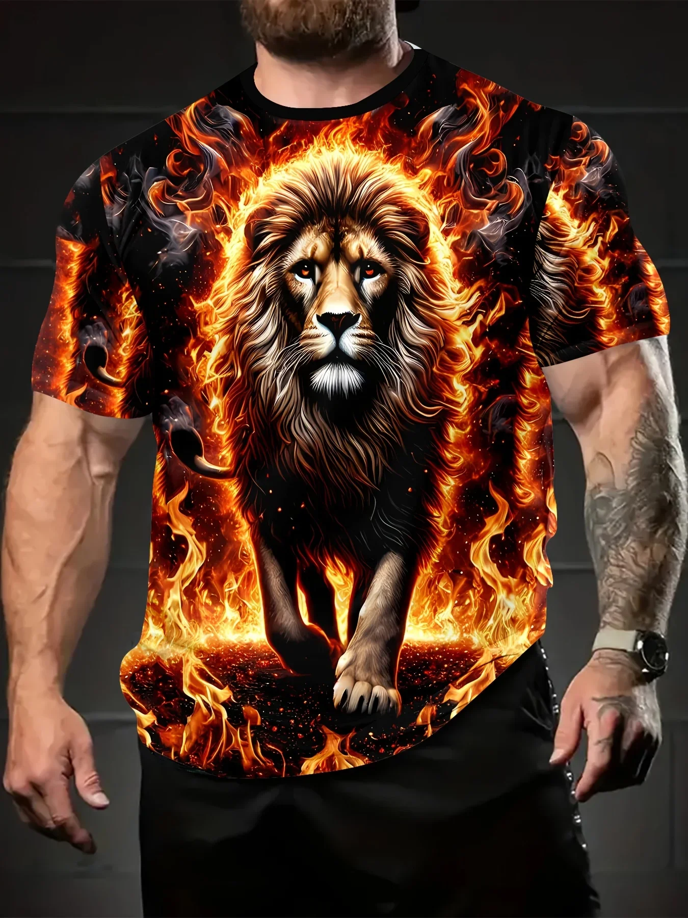 Trend Cool Men's Fire Lion All Over Print T-Shirt Powerful Flame Beast Graphic Short Sleeve Tee Gothic Streetwear