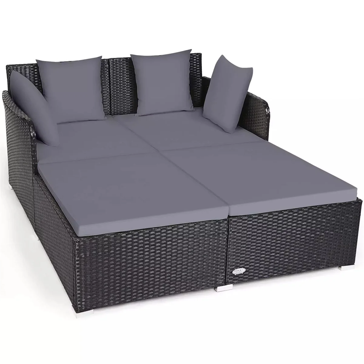 

Gray Outdoor Rattan Daybed with Upholstered Cushions Metal Bed