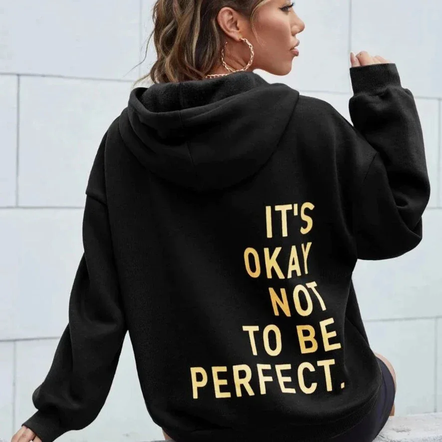 Sudadera con capucha con estampado de letras Lt\'s Her Not To Be Perfect para mujer, sudaderas de manga larga con bolsillo, Jersey cálido, moda Cl