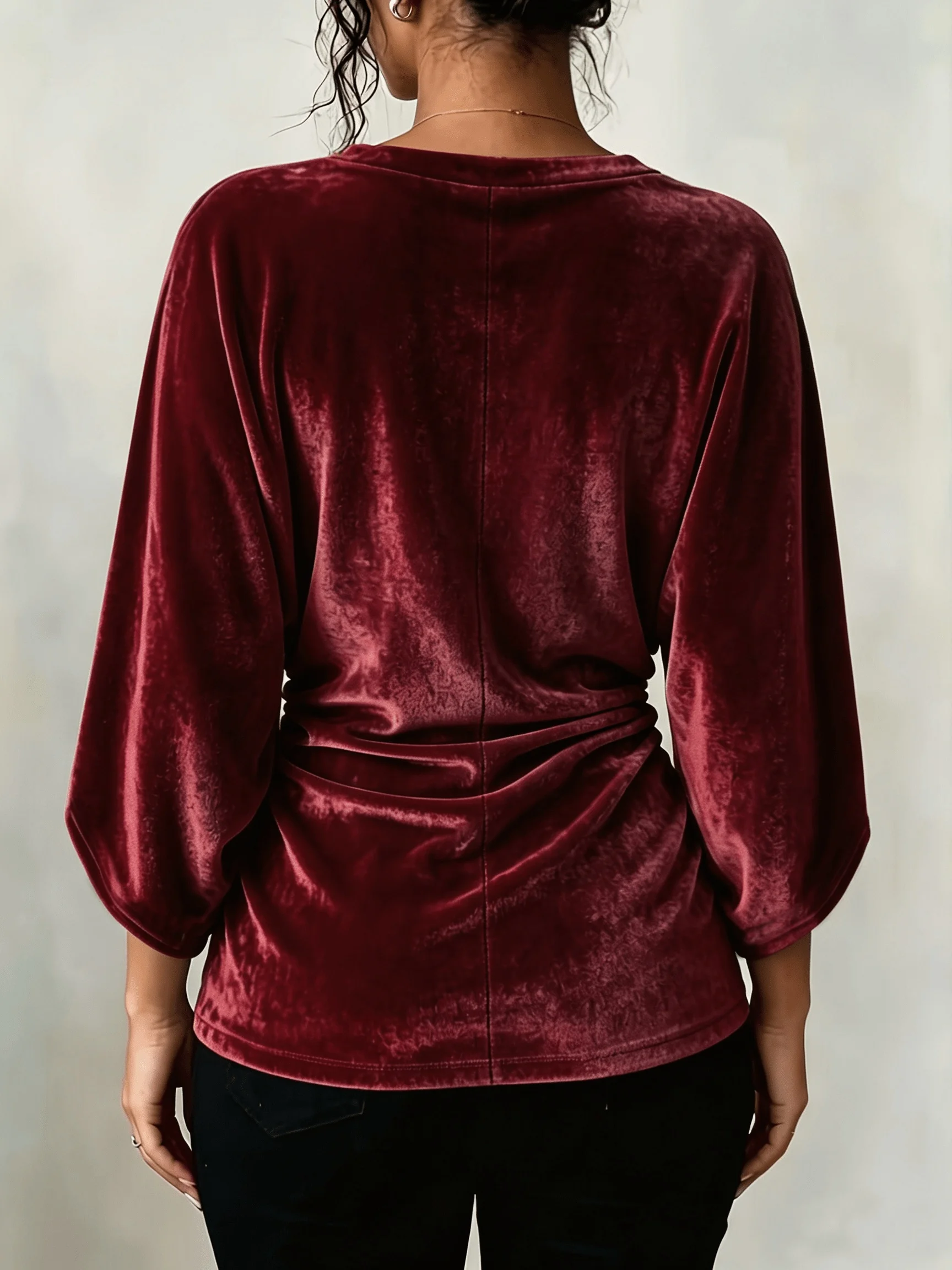 Women Plus Size Velvet Top V Neck 3/4 Split Sleeve Ruched Solid Casual Tee Autumn Winter Ladies T-shirt