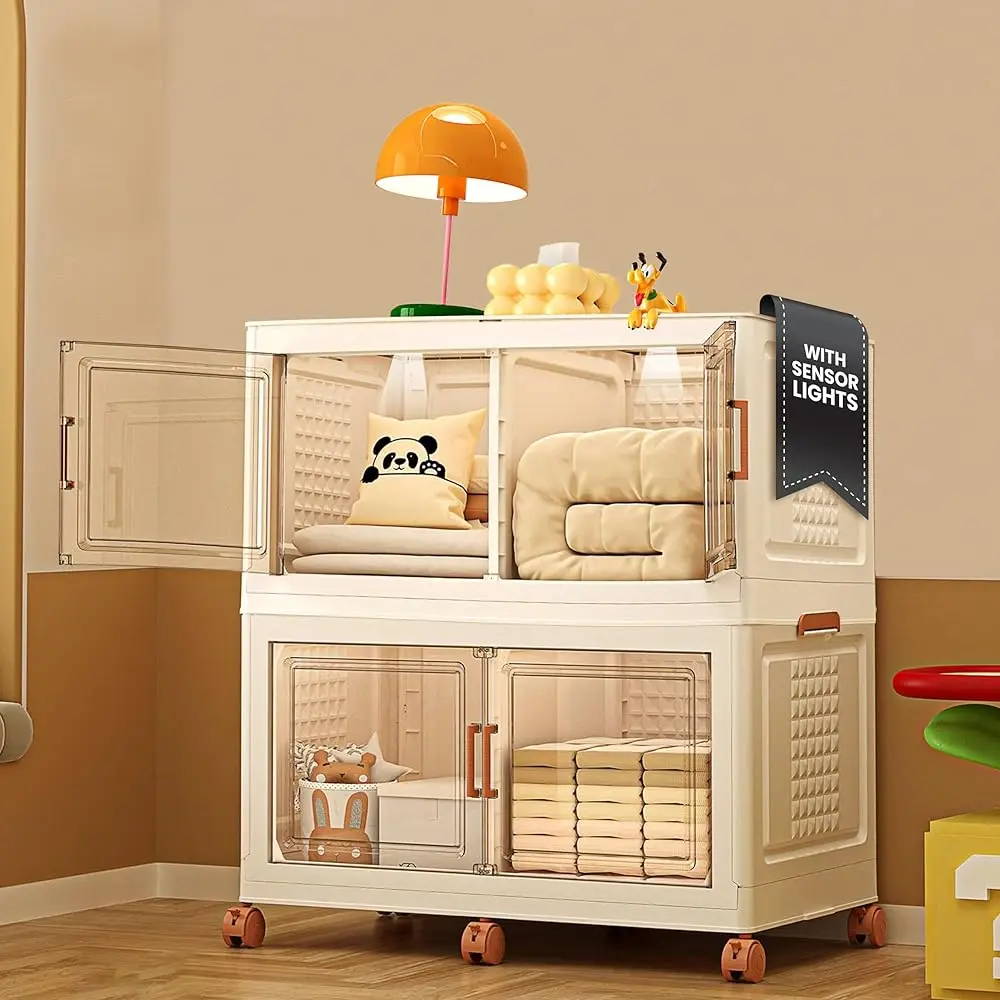 

376Qt/94Gal 2 Layers Stackable Storage Bins With Lids And Doors - Sensor Lights In Cabinets, Large Collapsible Container Box