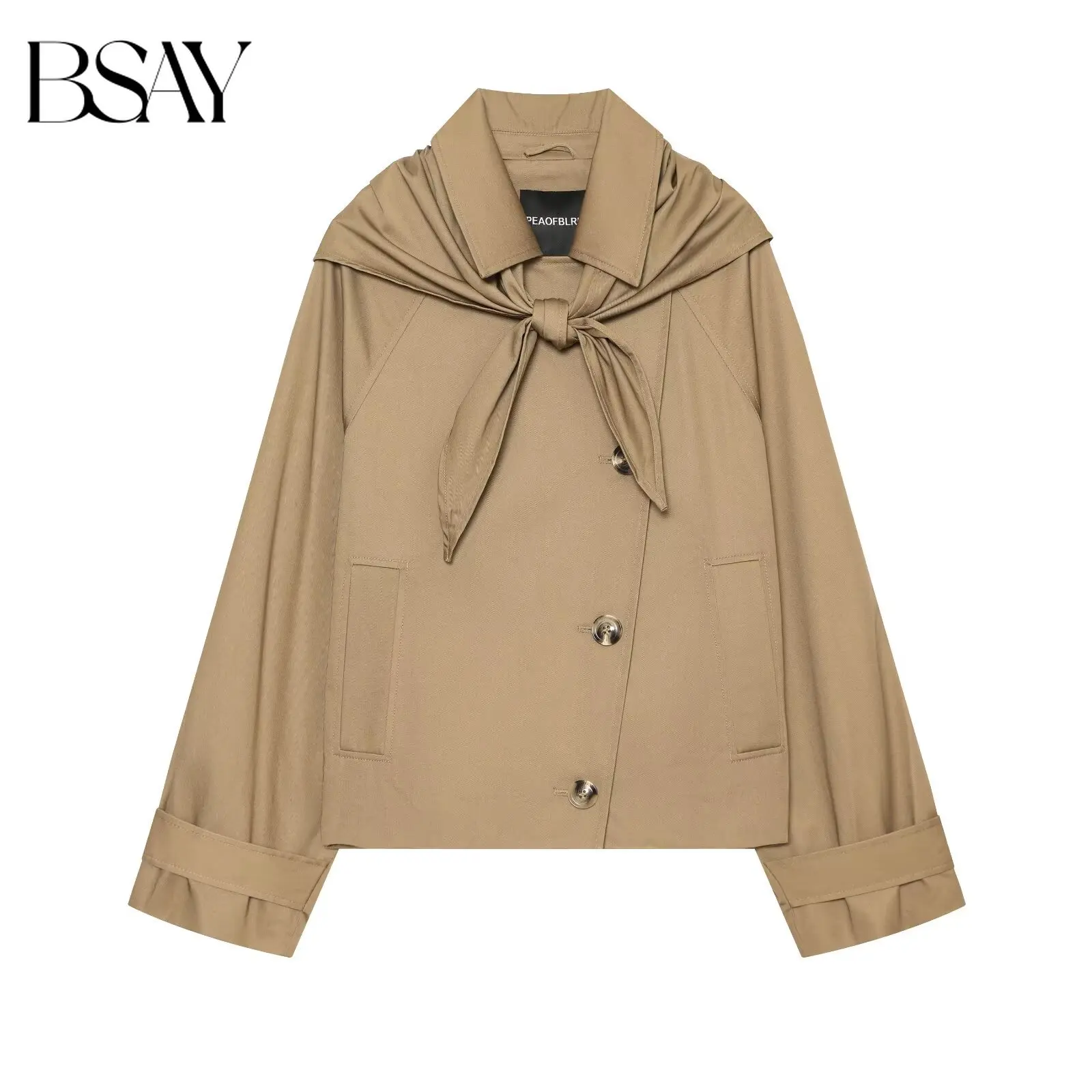 BSAY Women Lapel Cropped Trench Jacket With Matching Fabric Tie‑Knot Scarf Single Breasted Long Sleeve Short Windproof Outerwear