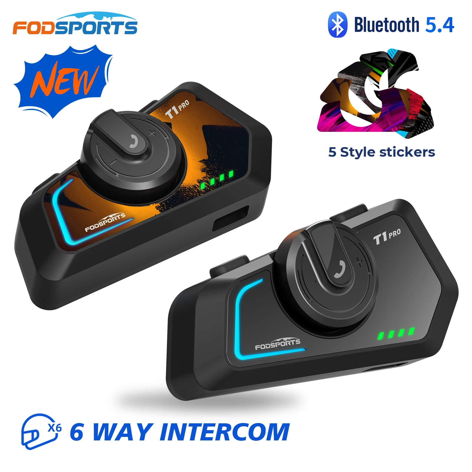 2pcs Fodsports T1 Pro Motorcycle Intercom Bluetooth Helmet Headset,Wireless Motorcycle Interphone,6 Riders 2000M,BT5.4,FM Radio.