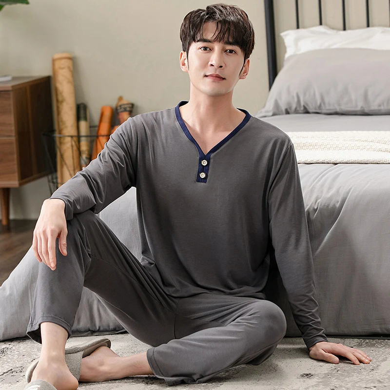 Conjunto de pijama modmasculino, calça e blusa de manga long, decote em v, uso doméstico, simples, moderno para dormir