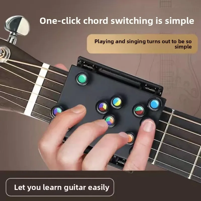 Acoustic guitar, chord aid, chord press, one-button chord aid.