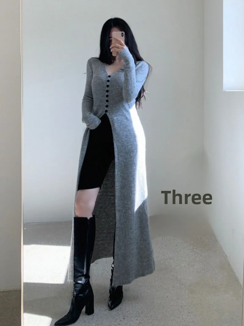

Chic Autumn Winter Vintage V-ne Single Button High Slit Long Sve Knitted Dr Long Skirt Commute Sle Other Material