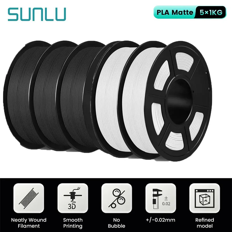 SUNLU 5Roll PLA Matte Filament 1.75mm 1kg Spool (2.2lbs) Smooth Matte Finish Neatly Wound Filament Fit Most FDM Printer