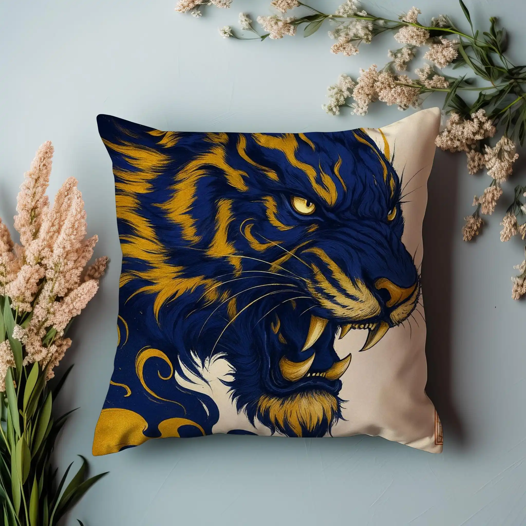 Blue Tiger Throw Pillow Case, Fierce Animal Art Cushion Cover, Eastern Mythology Decor, Navy Gold Accent Pillow for Sofa