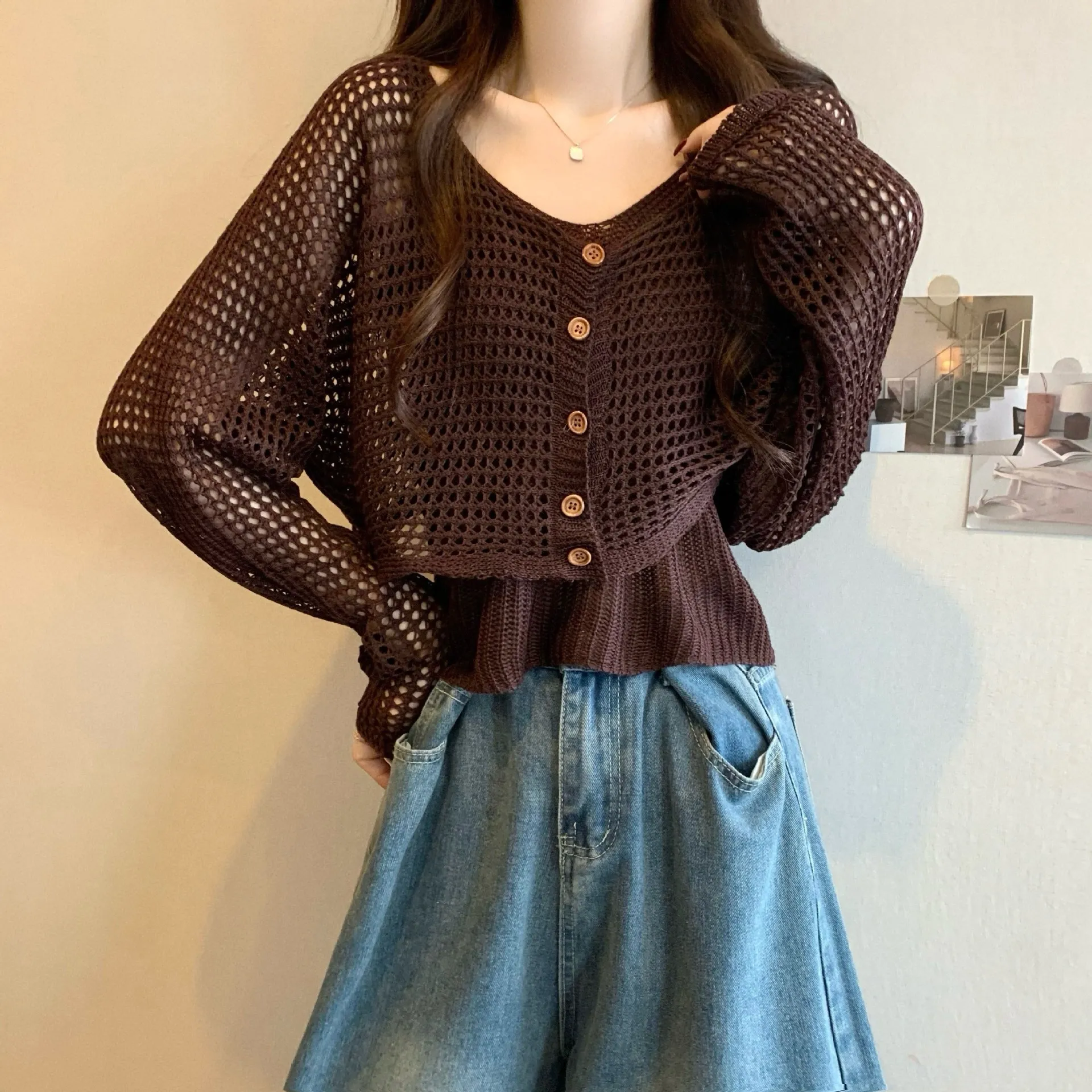 Knit Cropped Top Outerwear Cardigan Spaghetti-Strap 2 Piece Set Women Outfit Hollow Out Sun-Protective Coat Spring Autumn Loose 4