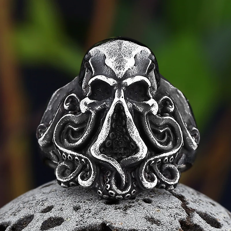 2022 New Christmas Charm Halloween Octopus Skull Punk Stainless Steel Seaman Rings Men Anel Puck Jewelry Halloween Gift