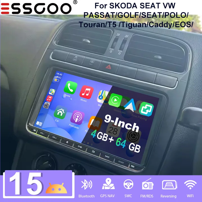 Essgoo 9" Android15 4+64G Autoradio für VW Golf 5 6 Passat Polo Touran Tiguan Caddy Eos T5 Seat Skoda Kabelloses Carplay Android Auto GPS-Navigation RDS FM WLAN Bluetooth Mirror Link Lenkradsteuerung