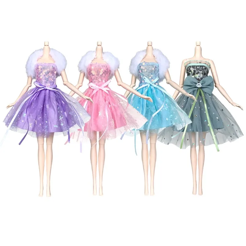 New 30-32cm Supermodel Doll Clothes Strapless Sequined Tulle Skirt+Faux Fur Collar Dress-Up Gowns Fashion 1/6 Doll Toy Dresses