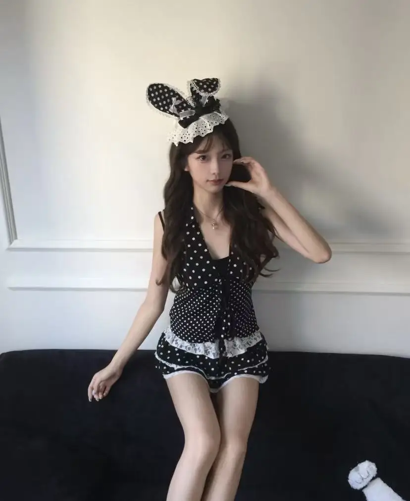 Y2K Vintage Coquette 2 Piece Set Women Polka Dot Halter Neck Lace Trim Ruched Tie Front Crop Top Ruffle Mini Skirt Slim Fit Dres view 3