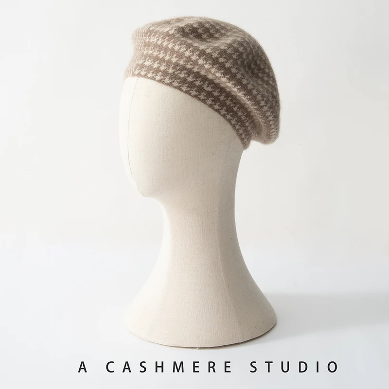 LHZSYY 100% Cashmere Beret Women'S Autumn And Winter Thousand Bird Grid Color Blocked Knitted Hat Fashion Jacquard Painter'S Hat