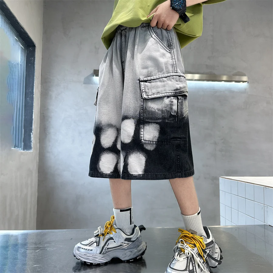Tweens Child Summer Streetwear Retro Denim Shorts Big Boy y2k Gradient Gray Jeans Capris Kids Hip Hop Loose Fitness Shorts Pants