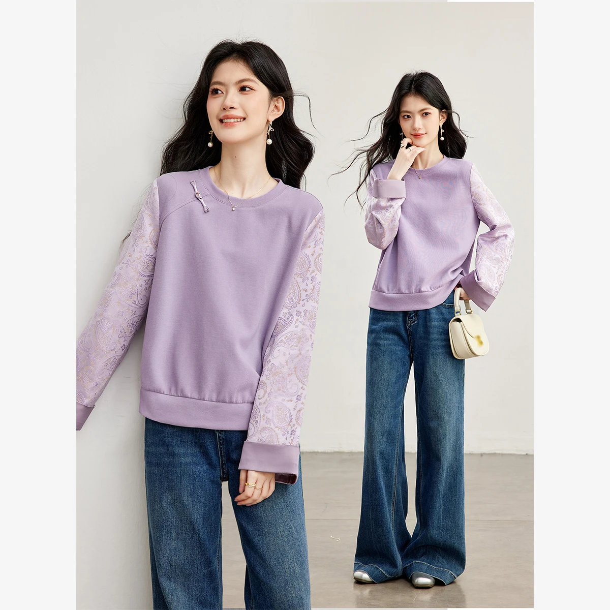 VIMLY New Chinese Style Sweatshirt for Women 2026 Autumn Frog Button Purple Round Neck Splice Designer Pullover Female Top A7630