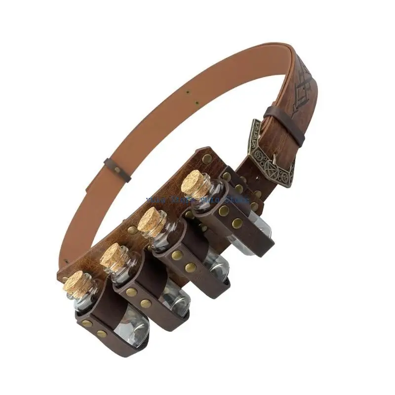 X7XB Halloween Props Waist Belt with Alchemist Bottle Historical EmbossED Medieval Belt
