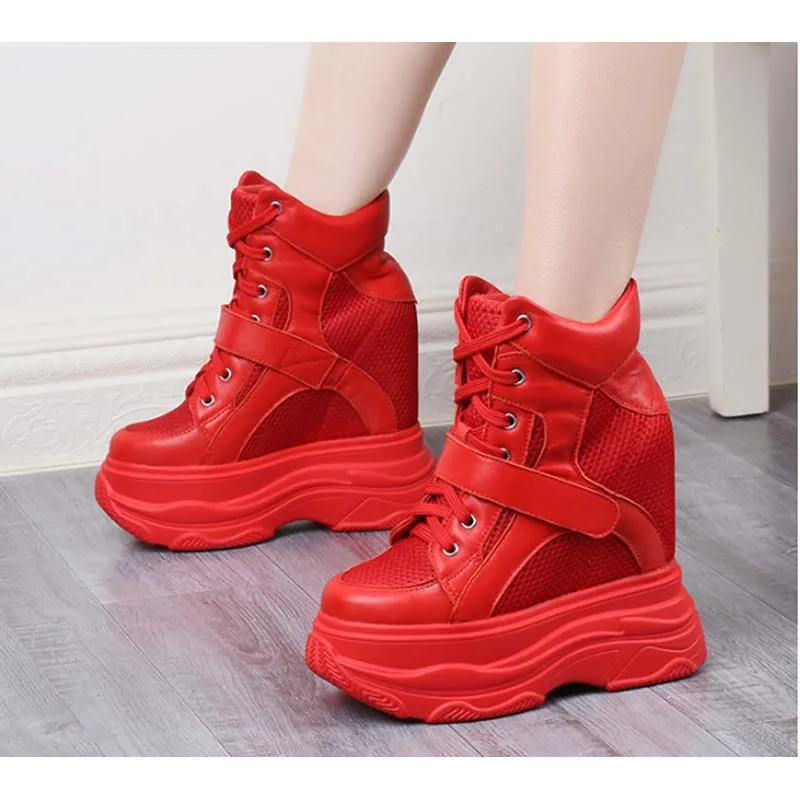 Women High Top Breathable Sneakers Comfortable High Heels Invisibly Height Increasing 14CM Red Wedges Pumps High Platform Shoes