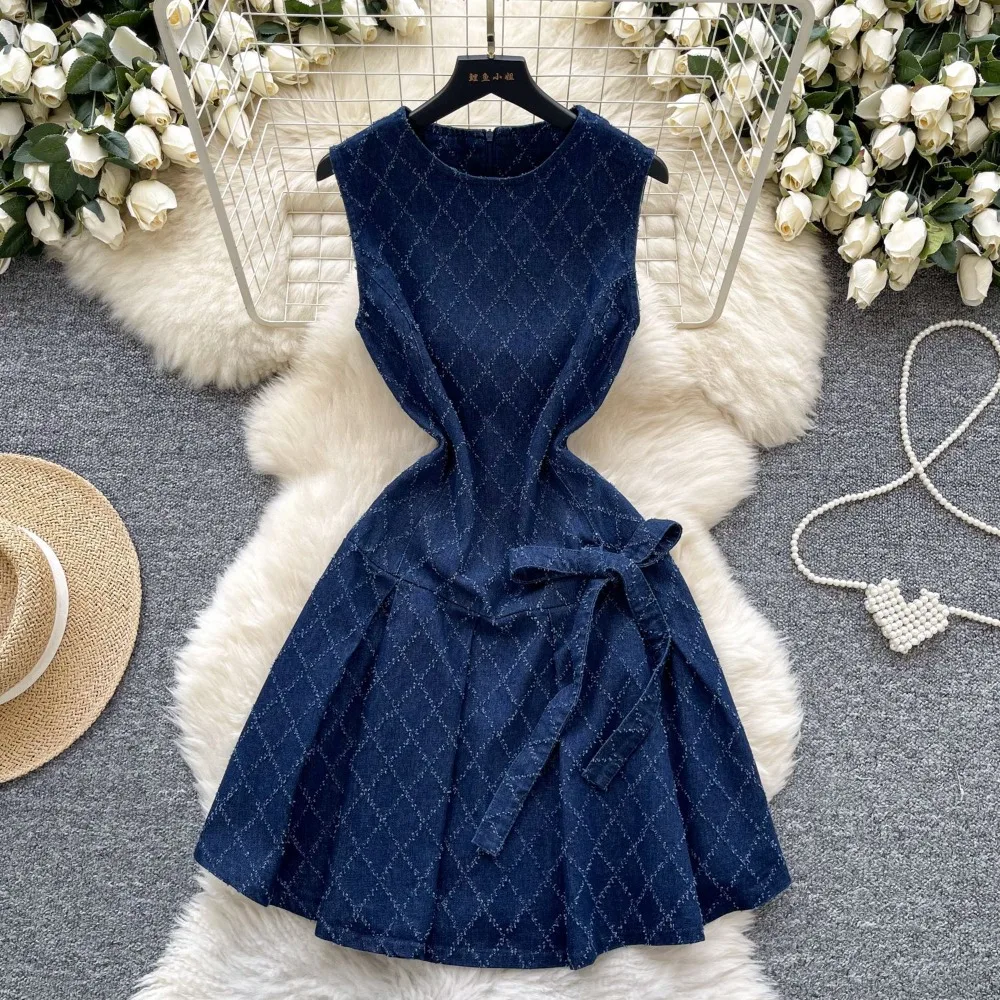 Damen Jeanskleider Etuikleid Sommer 2026 Schleife Vestidos Patchwork O-Ausschnitt Ärmellos Kariert Slim Fit Lässiges Maxikleid