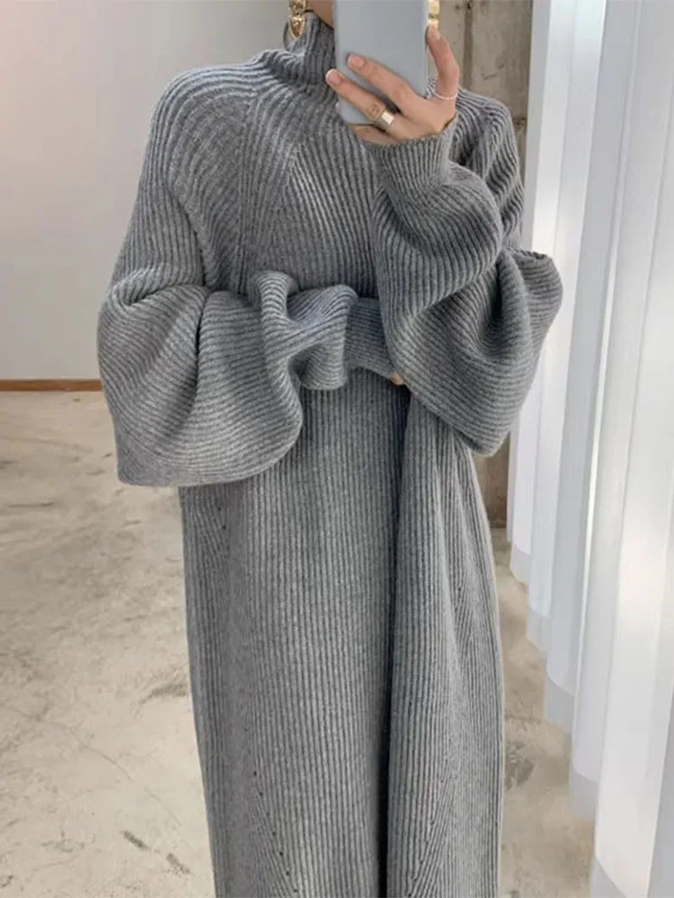 Chic Autumn Winter Thiened Long High Collar Sweater Dr Women's Loose Comfortable Warm Faion Korean Sle Knitted Dr