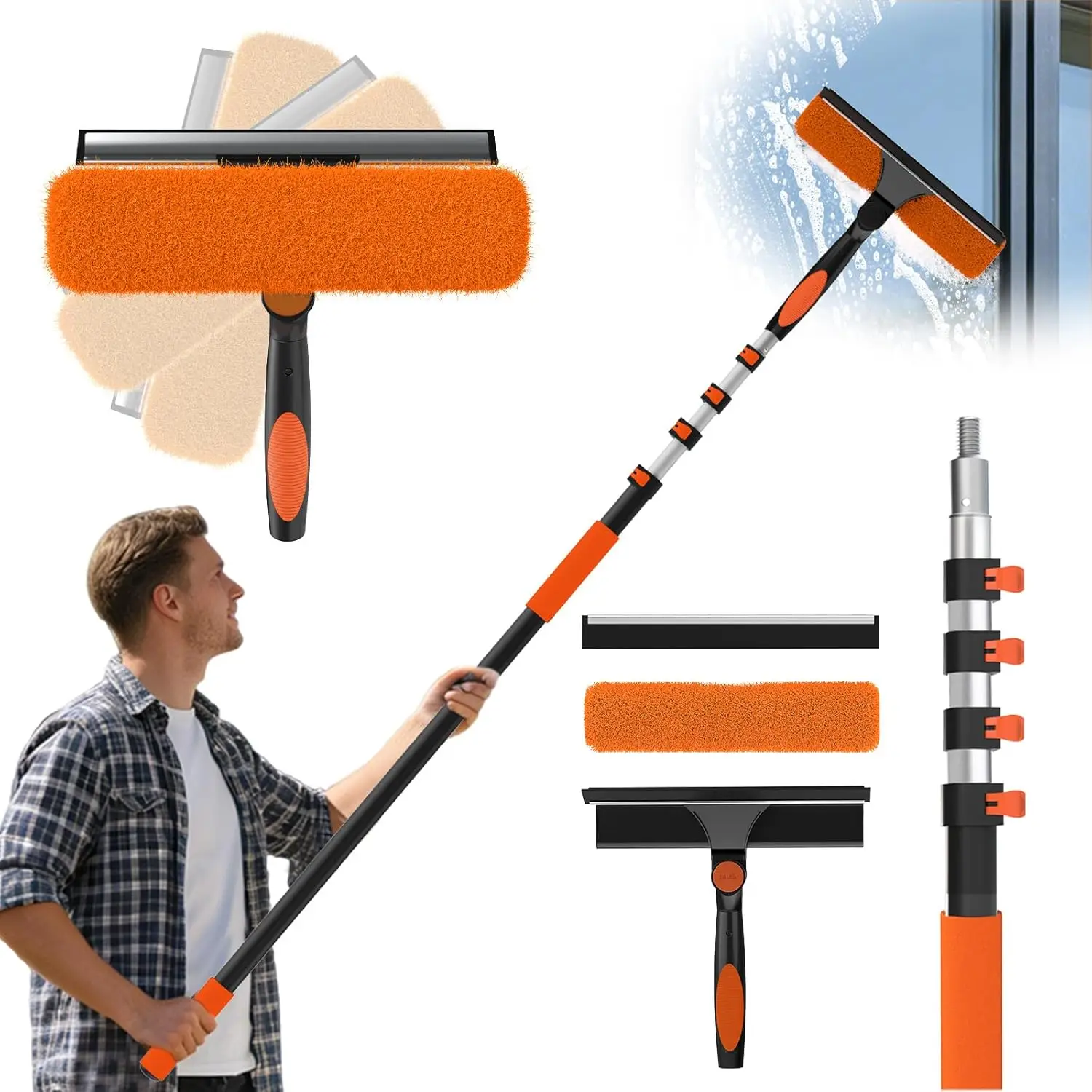 Factory Direct 2-in-1 Window Squeegee Kit with Pole - Telescopic Scraper & Washer for Home, Hotel, Commercial Use