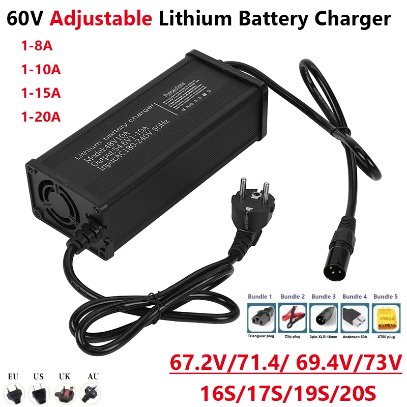 

60 В 1-8 А 1-10 А 1-15 А 1-20 А Регулируемое зарядное устройство для литиевых батарей 16S 17S 19S 20S 67,2 В 71,4 В 69,4 В 73 В Мощный ЖК-дисплей