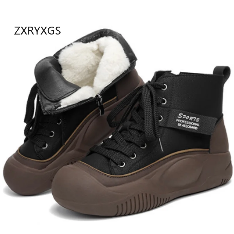 ZXRYXGS Cross Strap Side Zip Platform Heighten Boots Trend Shoes Woman 2026 Autumn Winter Boots Real Leather Plush / Wool Boots