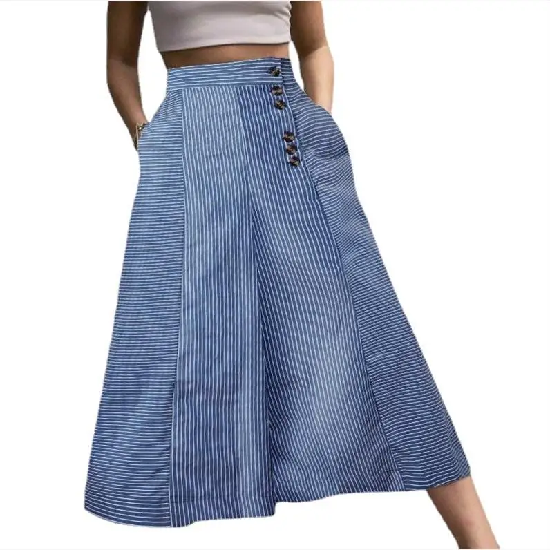 Faionable High Waist Striped Wide Leg Casual Pants Loose Fit Button up Comfortable Women's Summer Thin Material Long Trousers