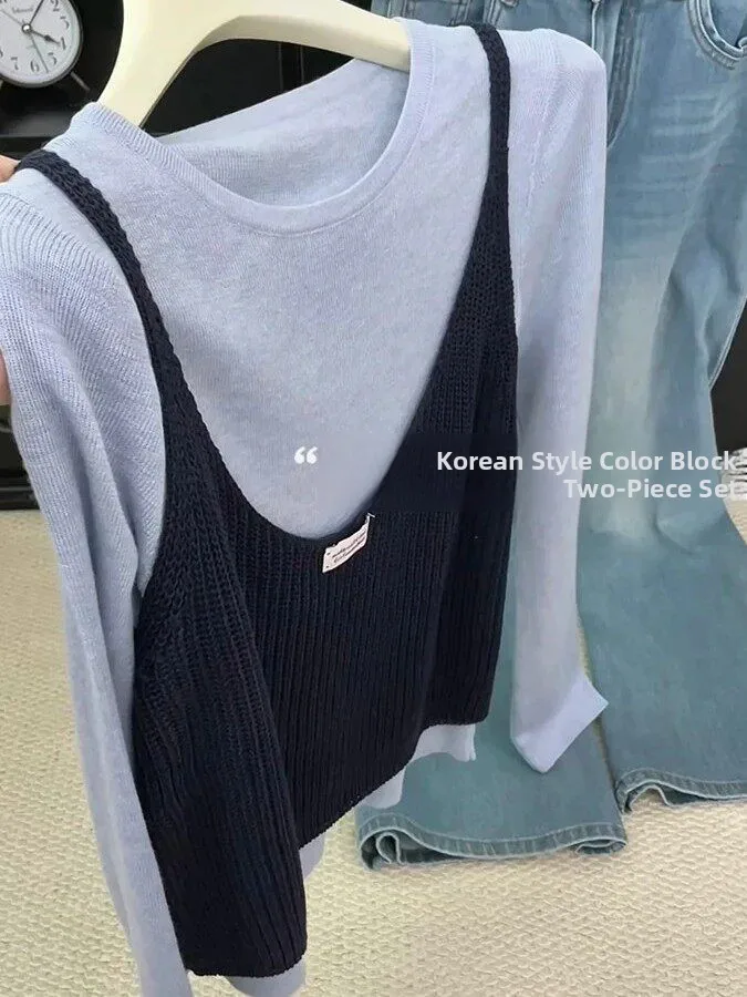Large Size Korean Style Color Block Long Sleeve Knitted Sweater Women's Base Layer Hollow out Knitted Vest Two Piece Set Top