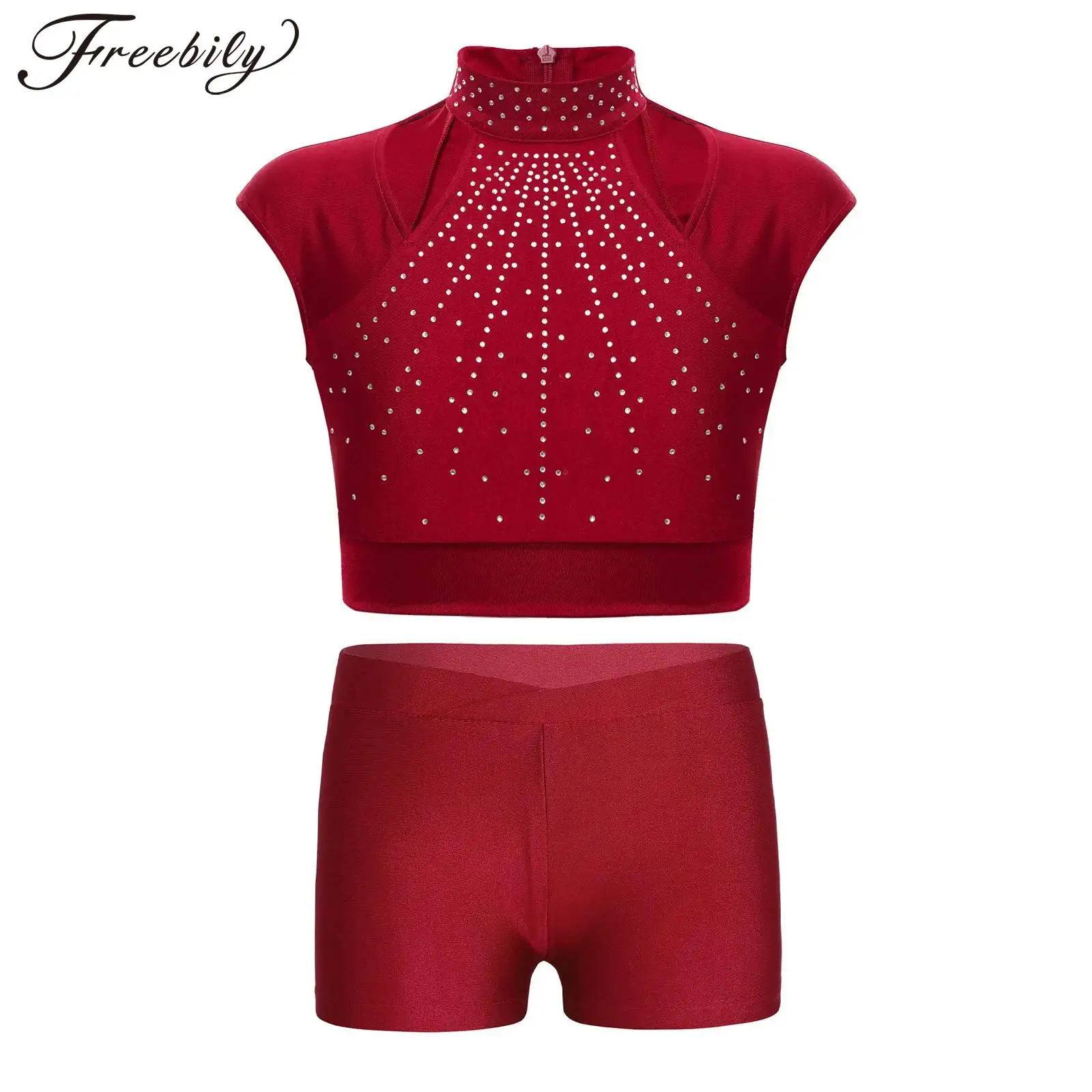 Kids Girls Figure Skating Outfits Set Sleeveless Crop Top with Shorts Dance Sports Gymnastics Performance Costume Activewear