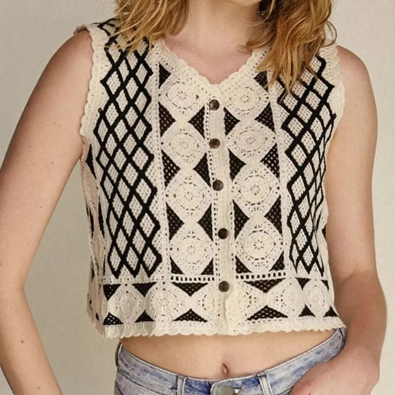 

Argyle Crochet Vest for Women Button Front Sleeveless Openwork Knit Jacket Waistcoat Summer Vintage Boho Vacation Beach Outfit