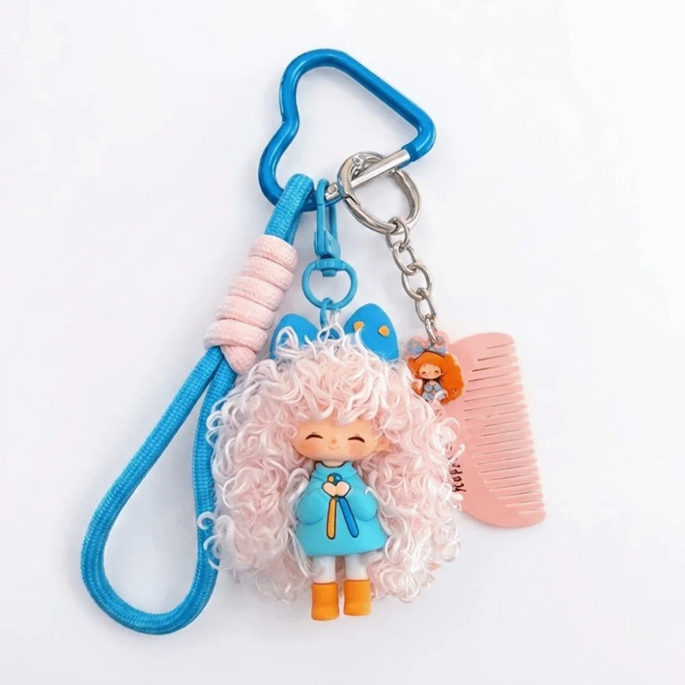Soft Rubber Curly Hair Doll Keychain Hairbrush Pendant Colorful Halyard Heart Keyring Fluffy Texture Adorable Design Bag Pendant