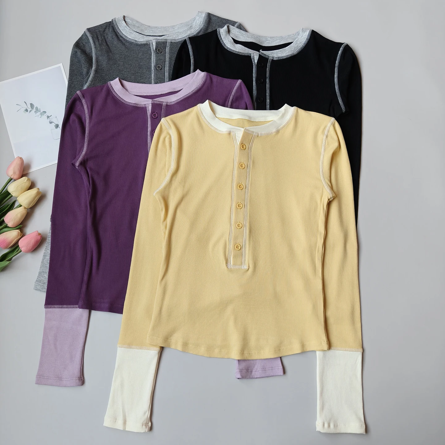 Autumn Contrasting Color Splicing Yoga Clothes Top Gym Women with Half-open Placket Round Neck Long Sleeves T Pilates Fitness