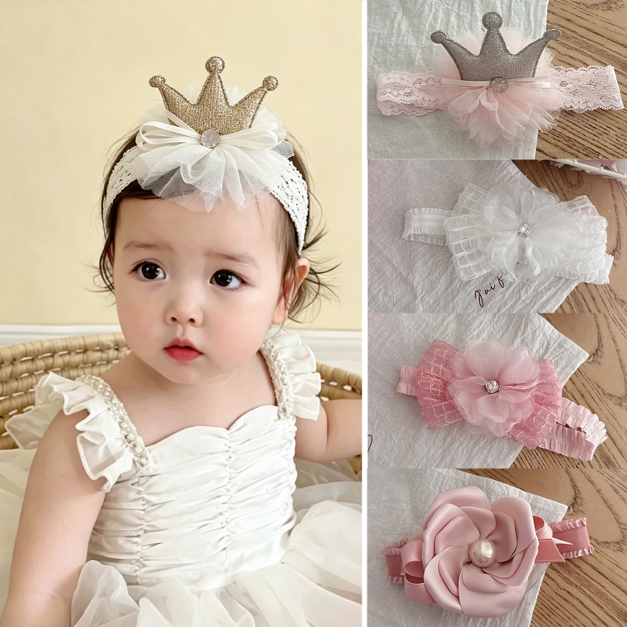 Silver Crown Hair Strap Sweet Cherry Blossom Gauze Headband Pink Rose Hairband Large Flower Baby Headwear Newborn Hair Accessory