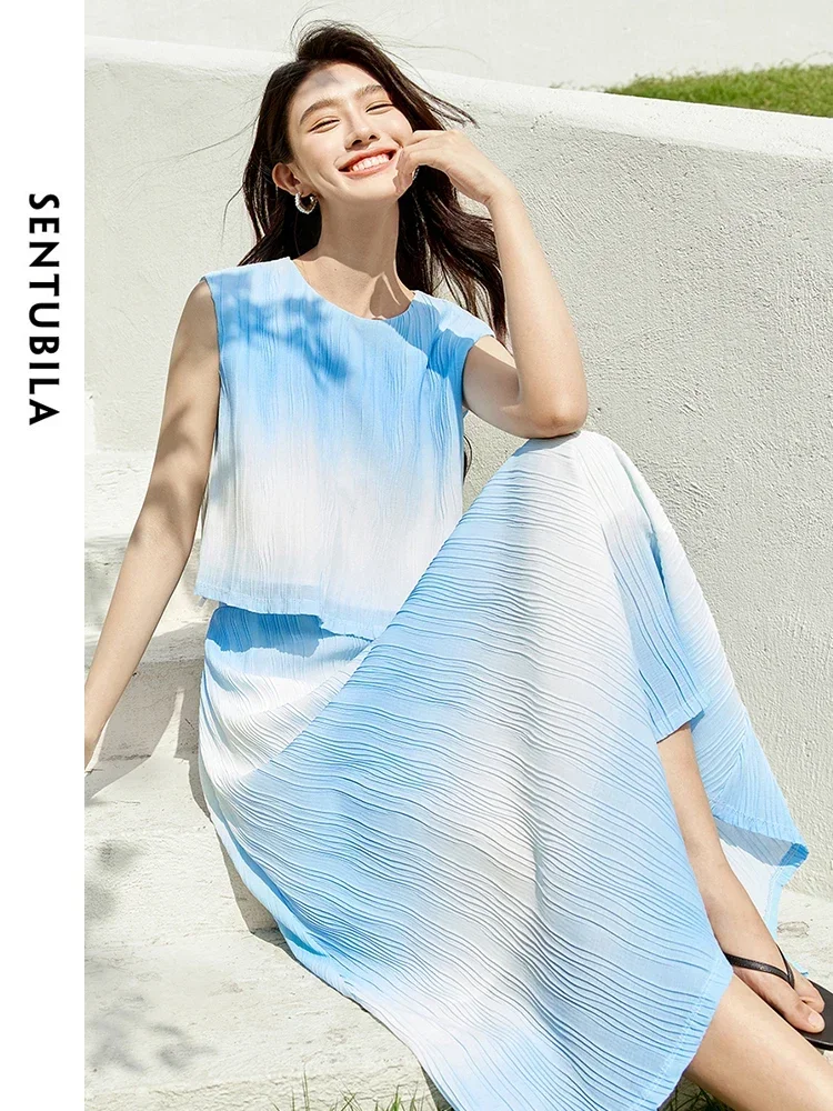 

SENTUBILA Women Summer Skirt Set 2025 Blue White Gradient Cropped Tank Top Flowy Midi Skirt Women's Vacation Outfits 142Z54315