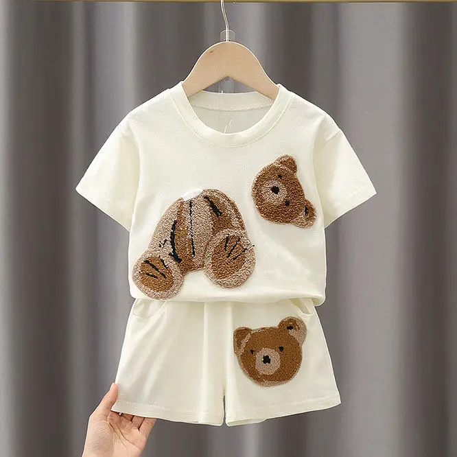 

2PCS Children Boys Clothes Set Bear Print Short Sleeve T-shirt+Cartoon Solid Shorts Fashion Summer Casual Outfits Kids 1-5 Years