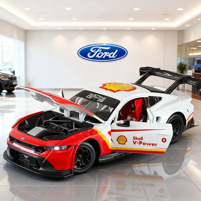 Nuevo modelo de coche de aleación Ford Mustang GT3 1:24, sonido y luz, juguete coleccionable para niños, regalo de cumpleaños