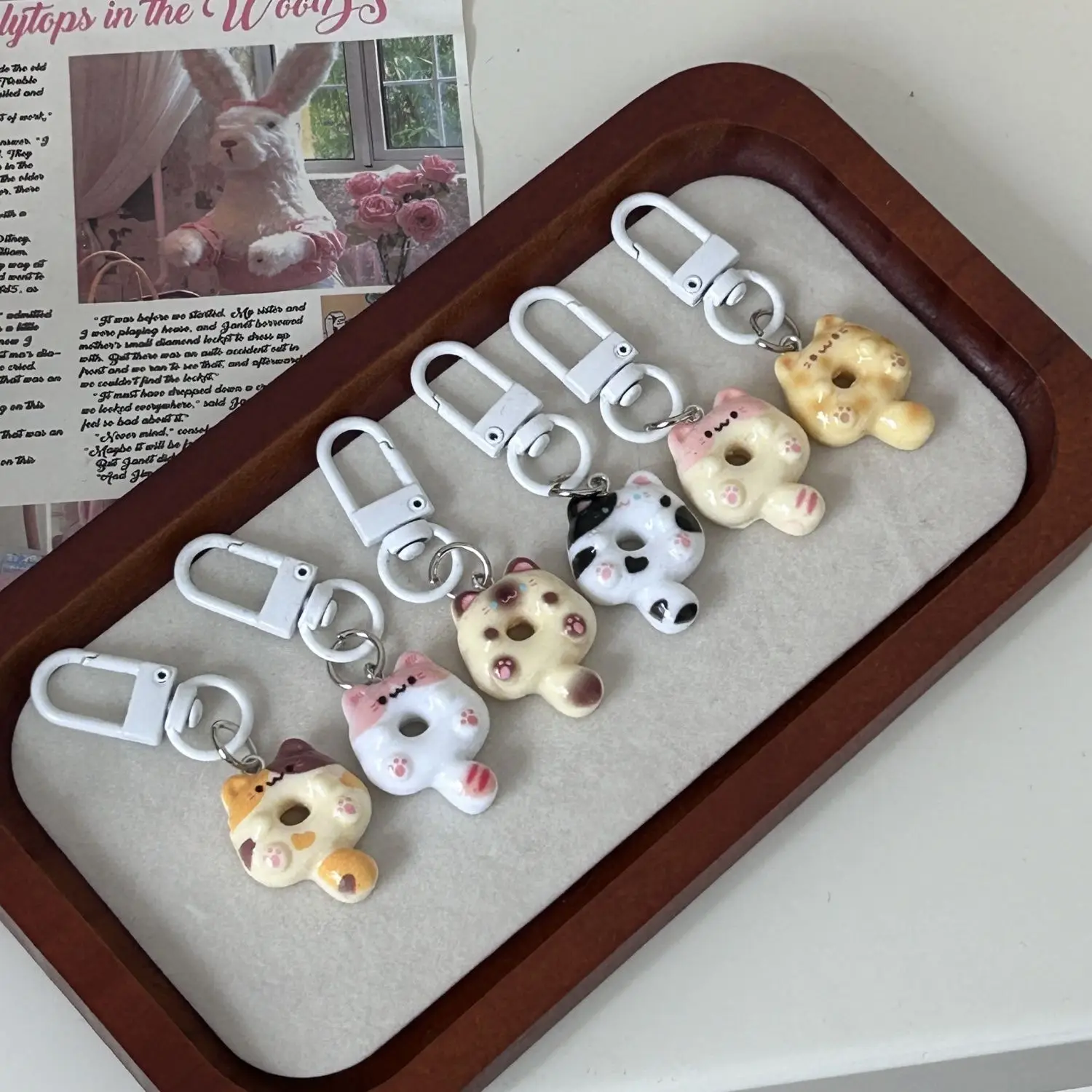 Cute Cat Donut Keychain Phone Strap Lanyard Cases For CCD Camera Airpods Schoolbag Ins Korea New Anime Kawaii Charms Pendant