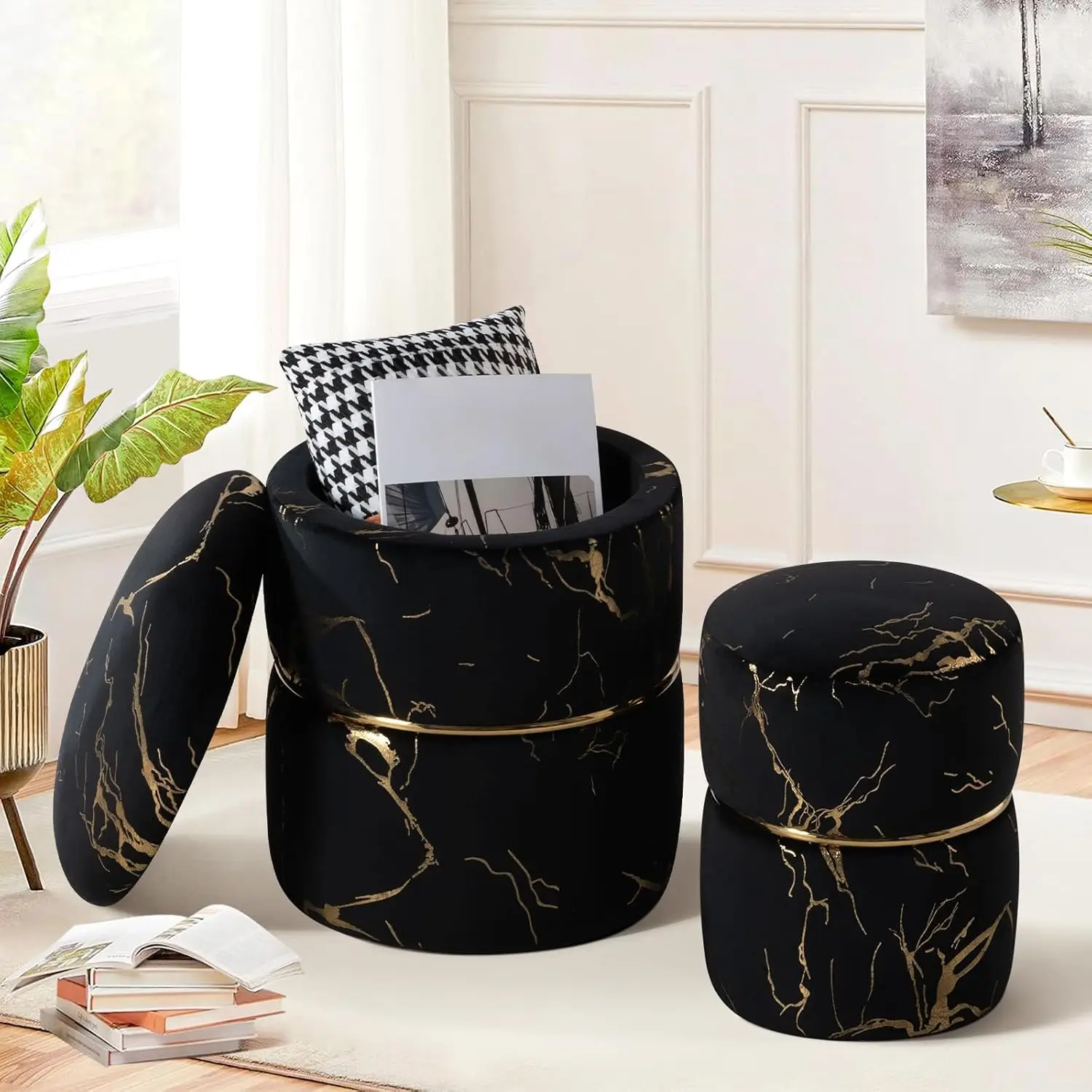 

Round Storage Ottoman Set Of 2, Modern Velvet Vanity Stool For Makeup, Comfy Ottoman With Storage, Upholstered Footstool For