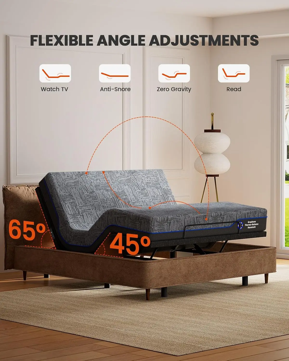 Bed Frame Electric With Head & Foot Incline, Wireless Remote, Zero Gravity, 4 USB, LED Light, 4 Leg Heights, Customized