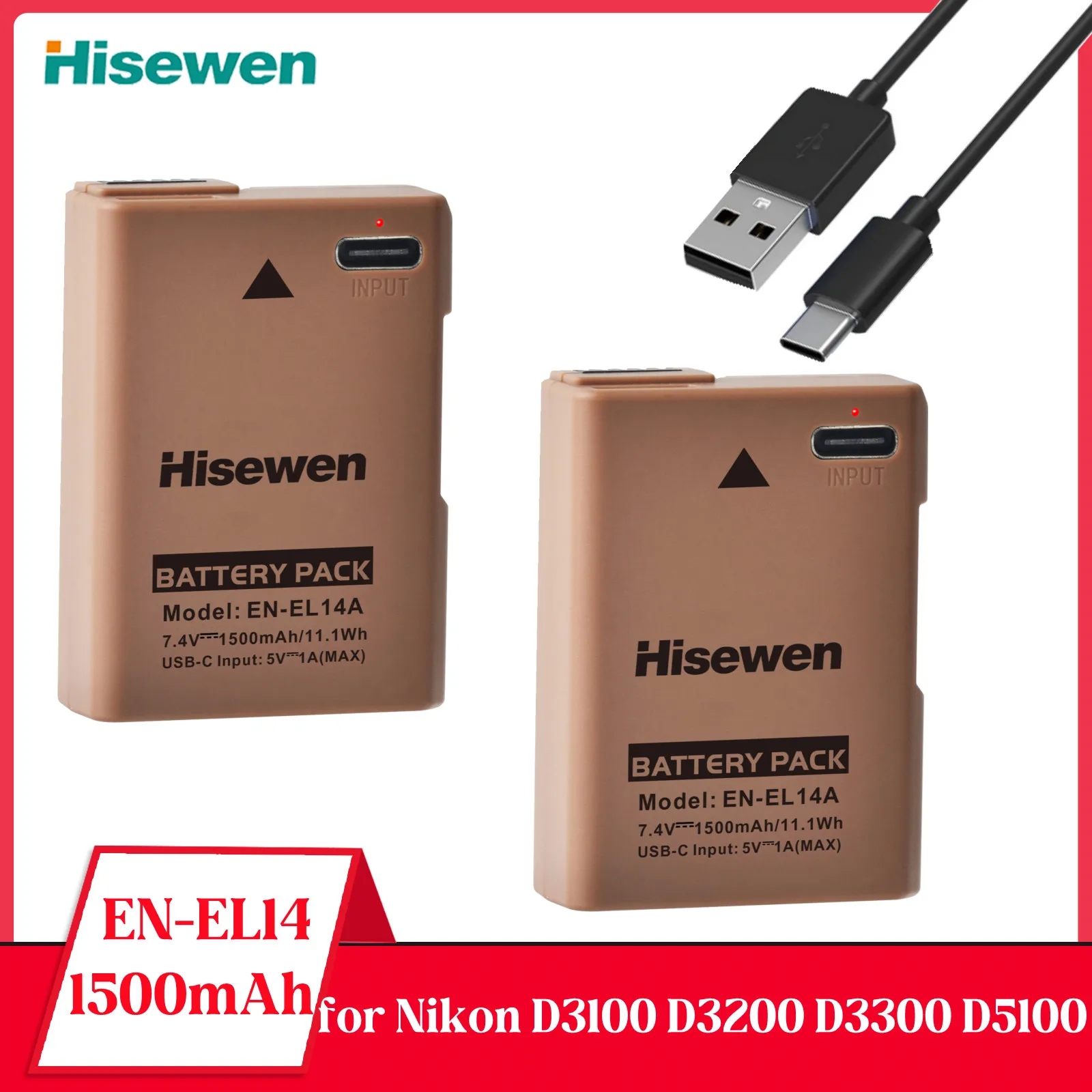 1500mAh EN-EL14 EN-EL14a EN EL14 Battery With TYPE-C USB Inport for Nikon D3100 D3200 D3300 D5100 D5200 D5300 P7800 D3400 D5600