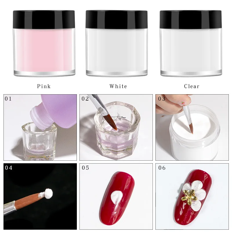 3Colors Acrylic Nail Powder Transparent/Pink/White Carving Crystal Polymer Powder Manicure Nail Polish Professional Accessories#