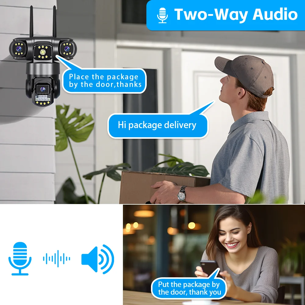 12MP สามเลนส์กล้อง IP ไร้สายกลางแจ้ง WiFi สามหน้าจอ 6K การเฝ้าระวัง Human Detection IP66 กันน้ํากล้องวงจรปิดกล้อง