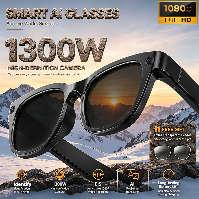 

New Smart Camera Glasses 1300W HD Camera EIS Anti-shake Video Recording AI Translation Wireless Call Smart Technology Glasses