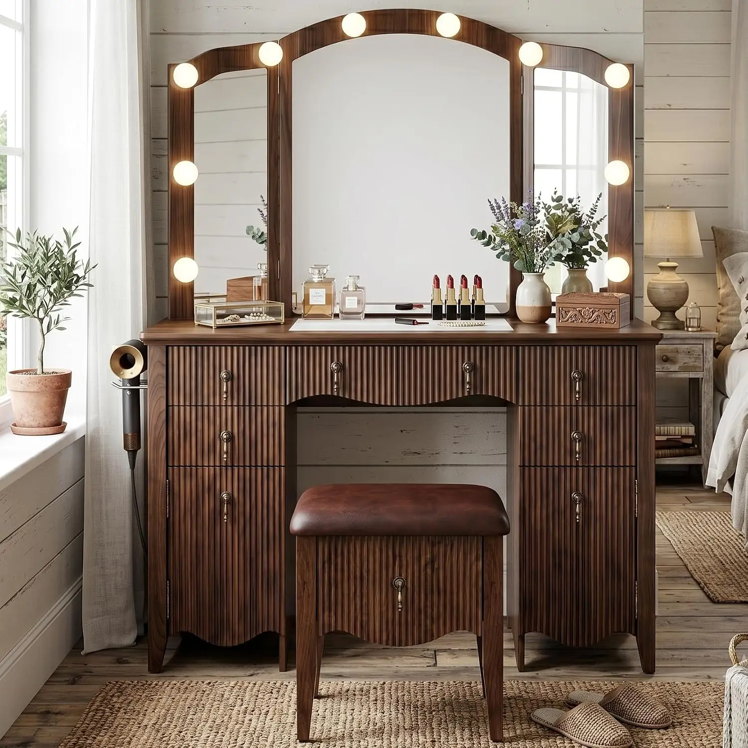 Tri-Fold Vanity Desk with Mirror & Lights, Glass Top, Power Outlet, Hair Dryer Rack, 5 Drawers 2 Cabinets, Walnut, Customized