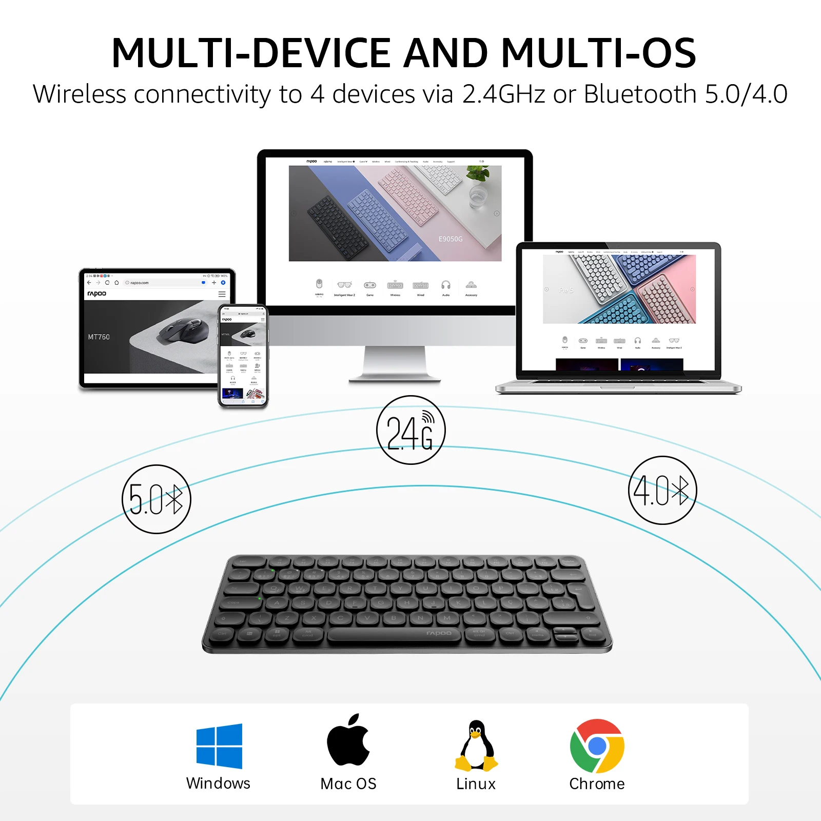 Rapoo E9050L/9010M ABNT2 Portuguese Brazil Multi-Device Bluetooth Wireless Keyboard Black Color with Multimedia Key