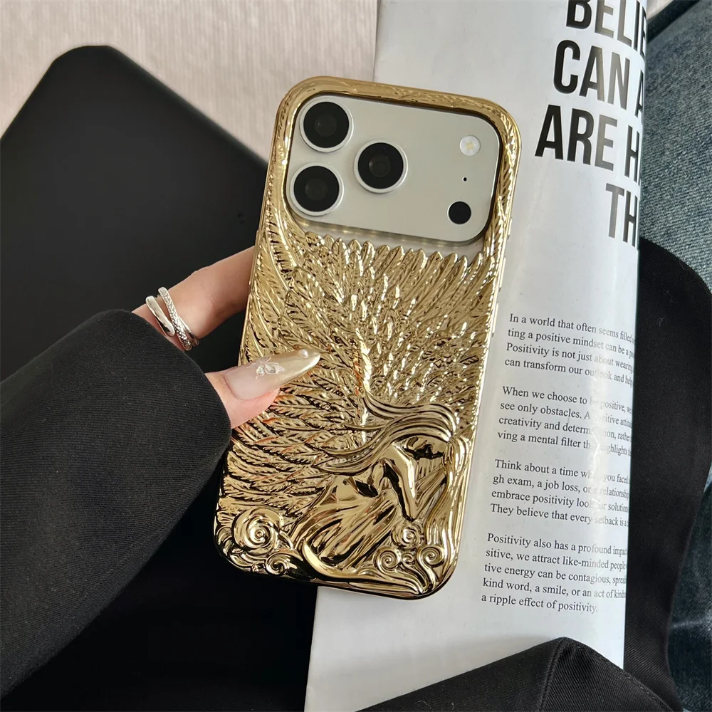 

17 Pro Max Luxury Vintage Electroplated Angel Wing Phone Case for iPhone 16 15 14 13 Exotic Embossed Shiny Goddess Cover