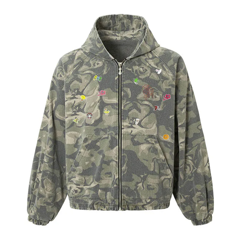 Camouflage Printed Vintage Jackets Hip Hop Oversized Streetwear Pullover Hoodies For Male Graffiti