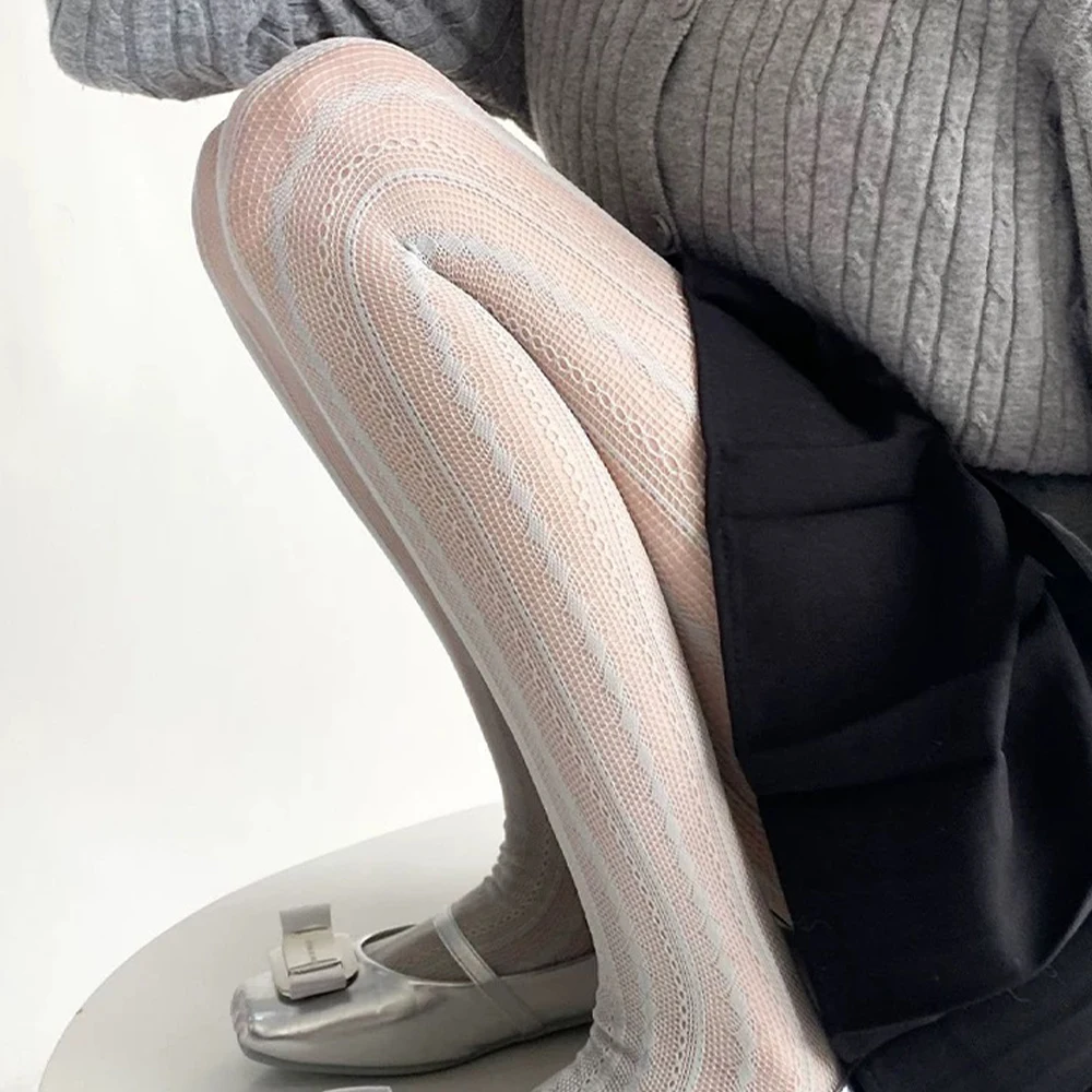 Women Sexy Lace Fishnet Pantyhose Lolita Style Hollow Out Design Red Silk Stockings JK High Waist Striped Tights Christmas Gifts