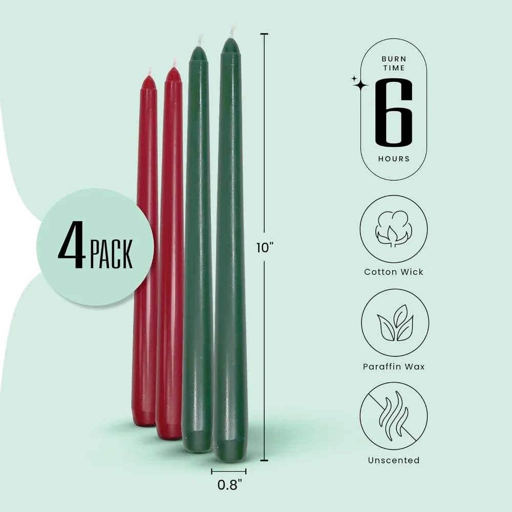 Velas cônicas de Natal de 10” – Conjunto de 4 castiçais altos vermelhos e verdes – Velas de mesa de férias de queima longa para o advento